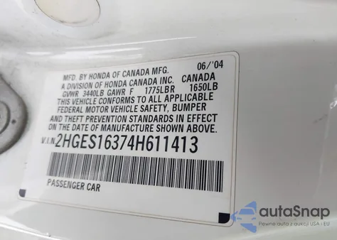 2004 Honda Civic Vp из США, поврежденный, VIN 2HGES16374H611413